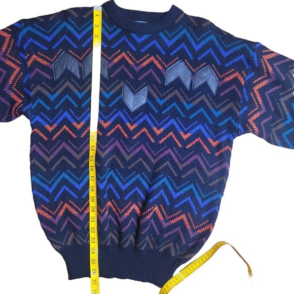 VTG WEEDS Men's Multicolor Zig-Zag Pattern Knit Grandpa Sweater Leather Trim L - Picture 7 of 9
